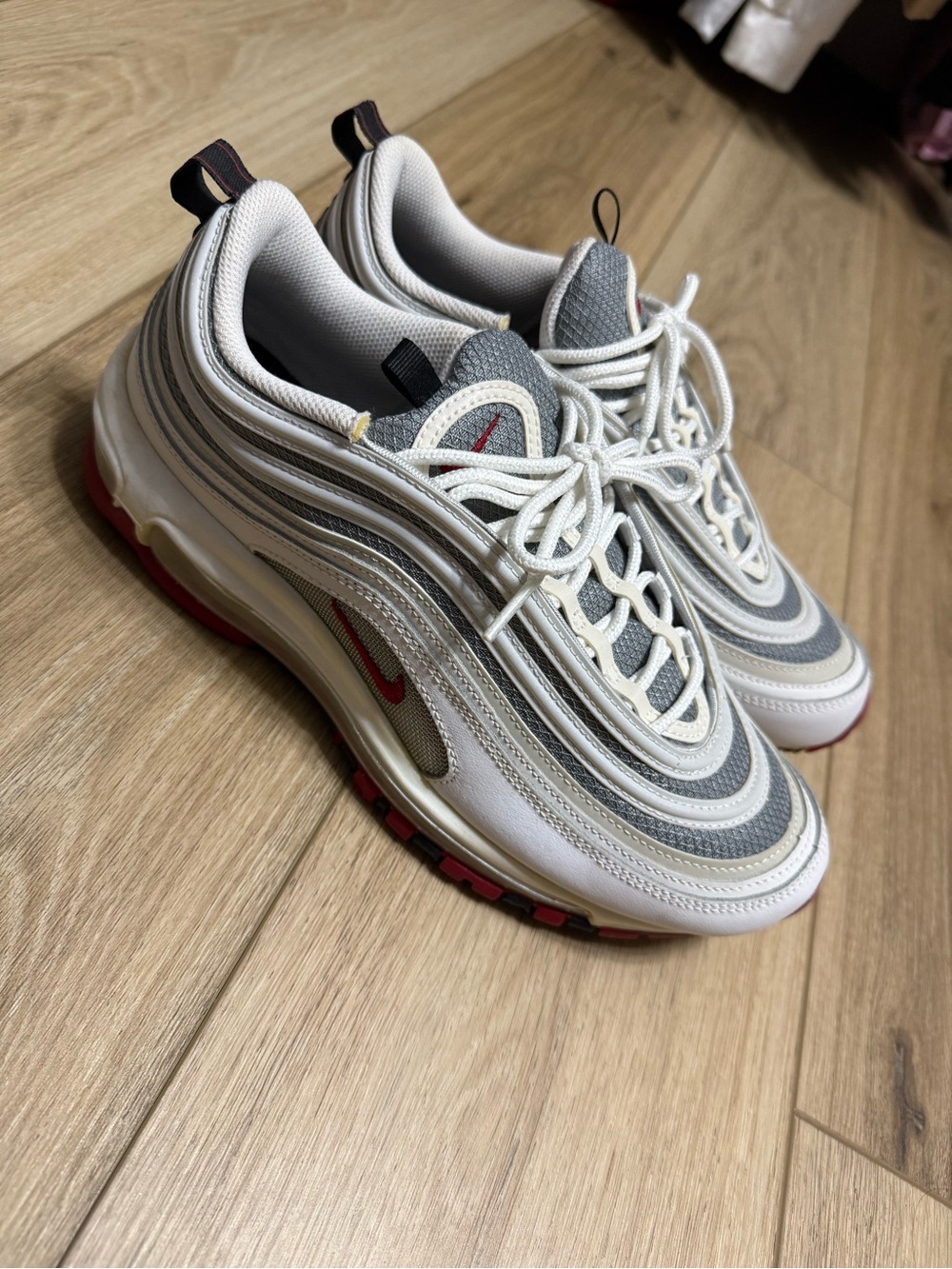 Nike Men’s Air Max 97 in White, Gray and Red